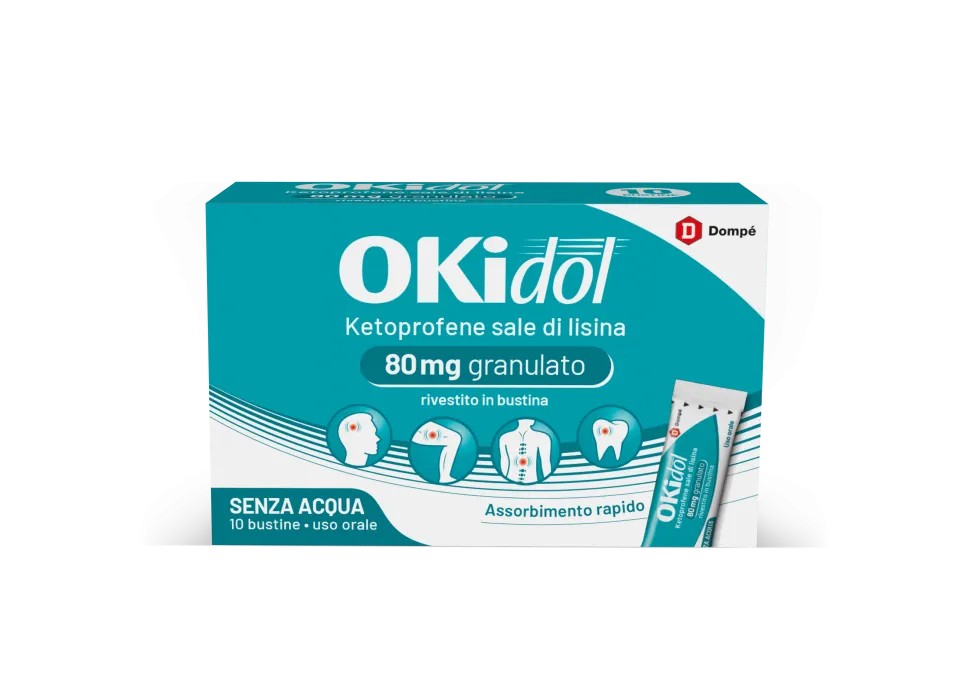 Dompé Okidol Ketoprofene sale di lisina 80mg Antinfiammatorio dolore acuto lieve o moderato, 10 bustine