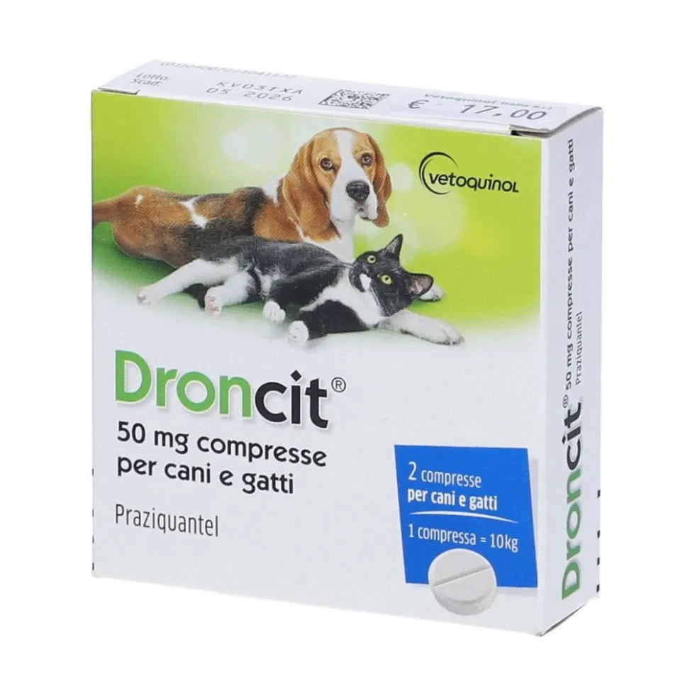 Droncit Pranziquantel 50mg Antielmintico per cani e gatti, 2 compresse