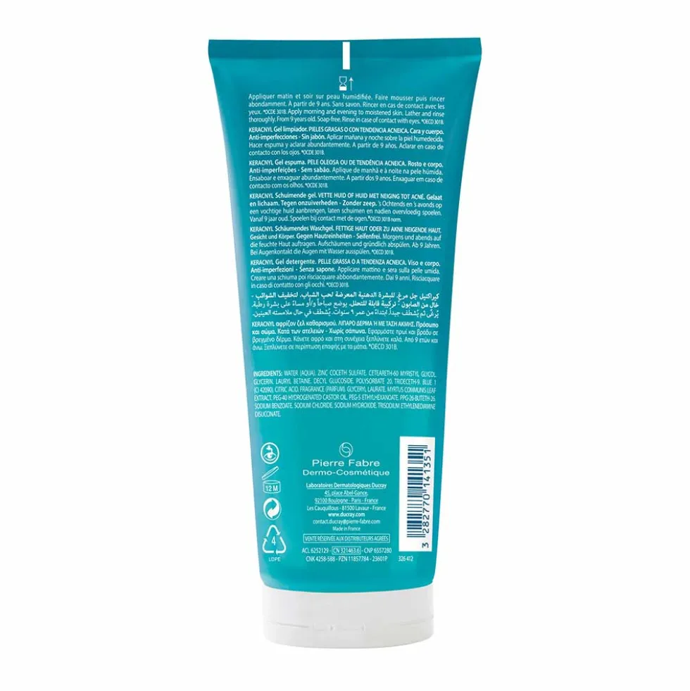 Ducray Keracnyl - Gel Detergente Viso e Corpo Pelle a Tendenza Acneica, 200ml