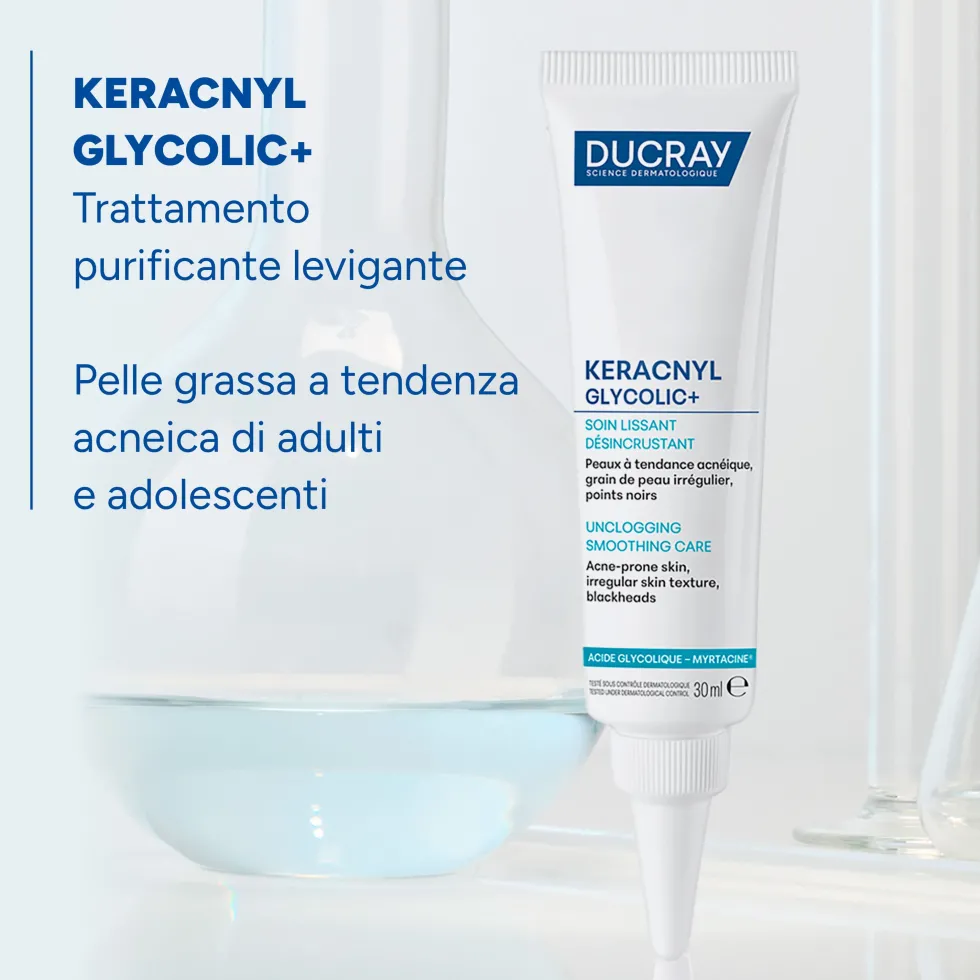 Ducray Keracnyl Glycolic+ Trattamento Purificante Levigante per Pelle Grassa, 30ml