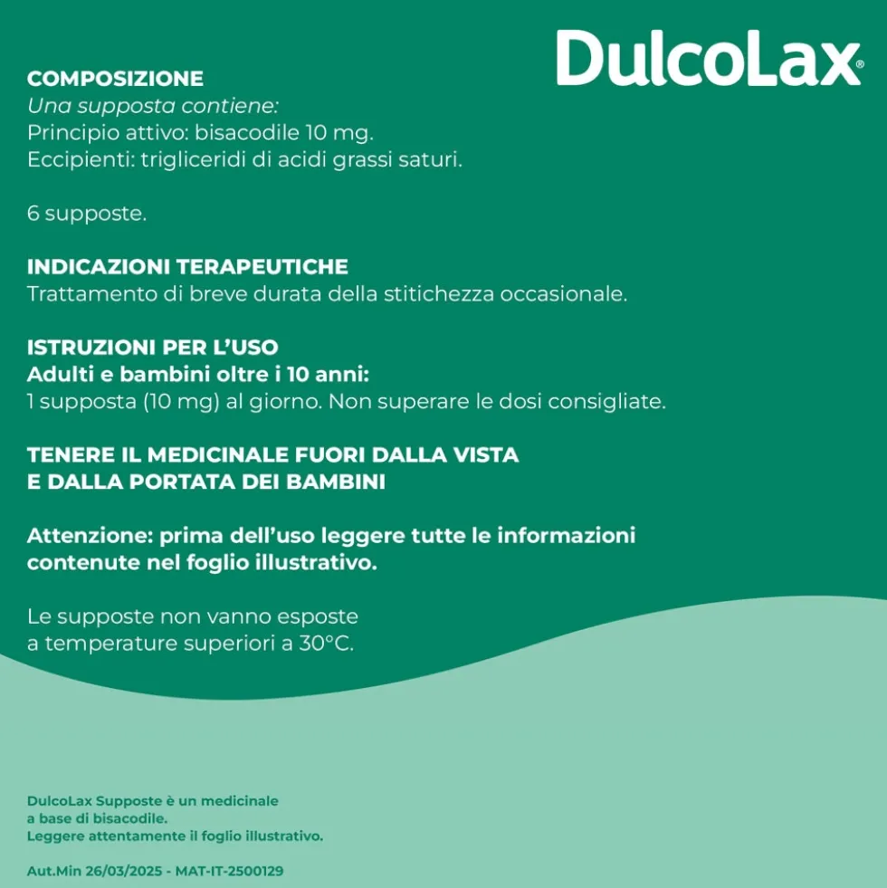 Dulcolax Adulti Supposte Contenente 10mg Bisacodile per Stitichezza Occasionale, 6 Supposte