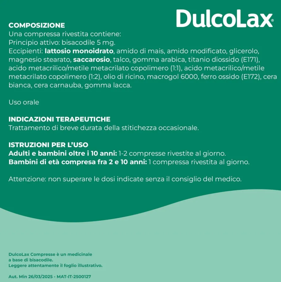 Dulcolax Compresse 5mg Bisacodile Trattamento Stitichezza Occasionale, 20 Compresse Rivestite