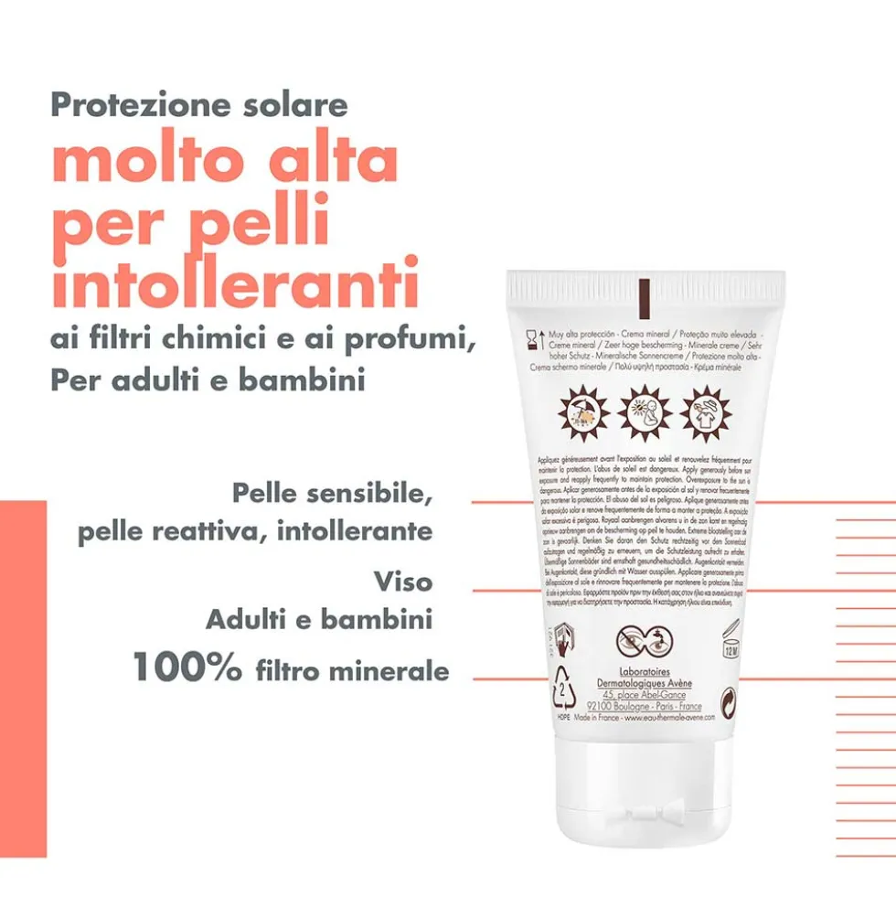 Eau Thermale Avène Crema Solare Schermo Minerale Viso SPF50+ Pelli Intolleranti, 50ml