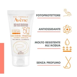Eau Thermale Avène Crema Solare Schermo Minerale Viso SPF50+ Pelli Intolleranti, 50ml
