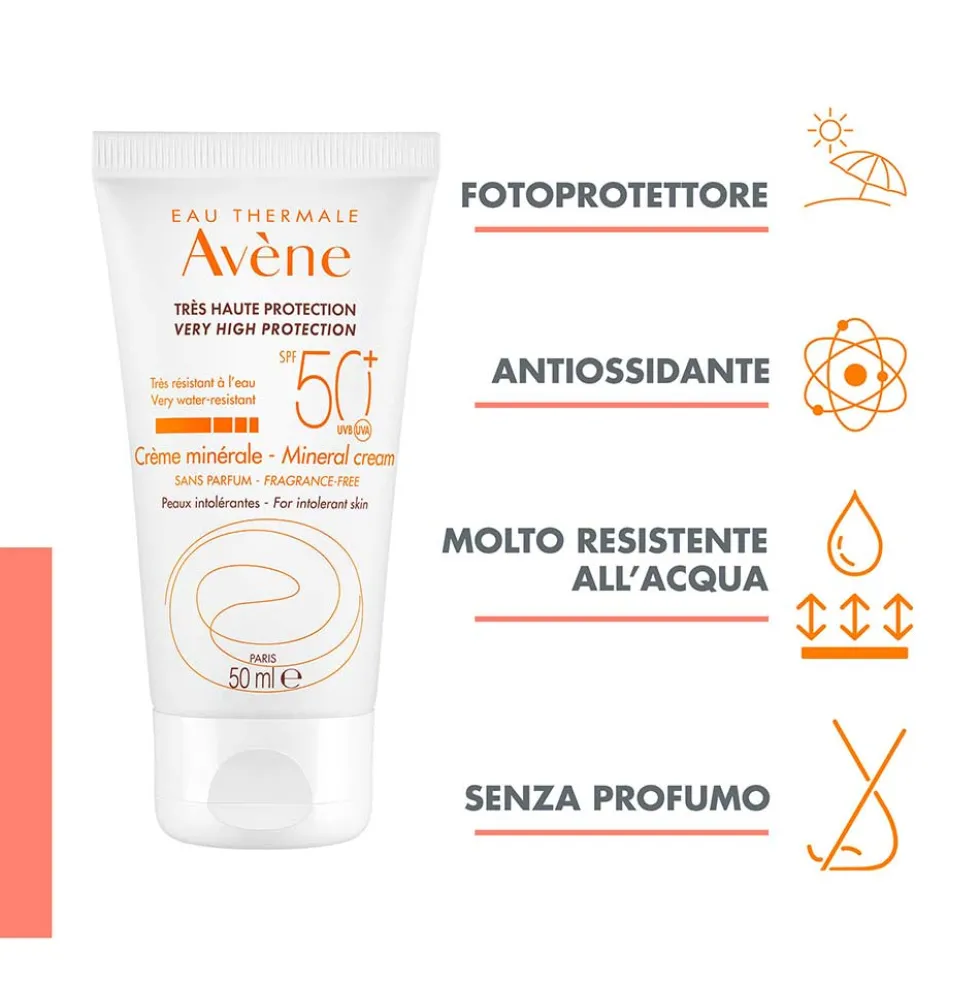 Eau Thermale Avène Crema Solare Schermo Minerale Viso SPF50+ Pelli Intolleranti, 50ml