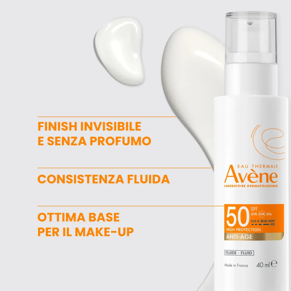 Eau Thermale Avène Fluido Anti-Età Protezione Alta SPF50 Solare per Pelle Sensibile, 40ml