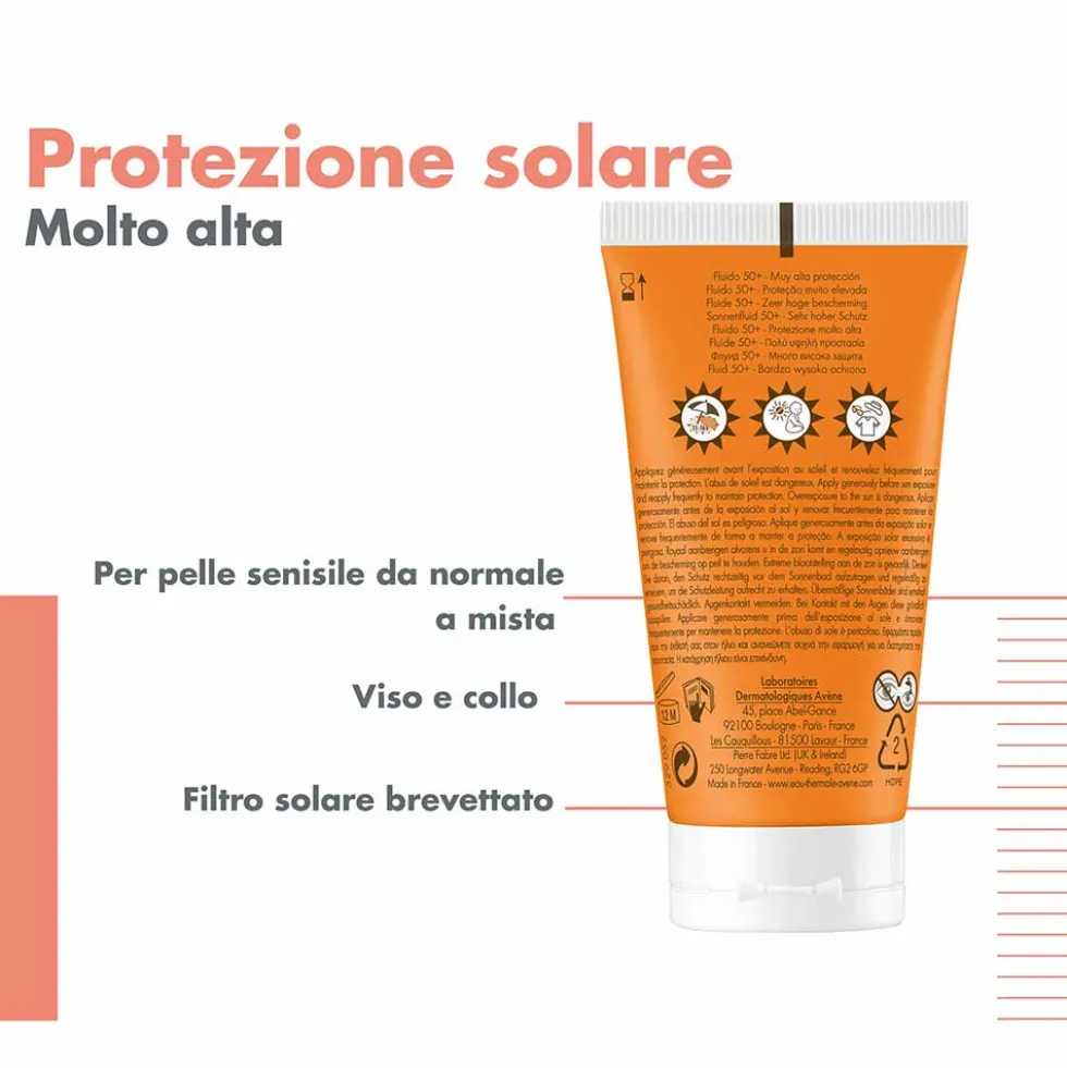 Eau Thermale Avène Fluido SPF 50+ Solare Viso per Pelli Sensibili Normali e Miste, 50ml