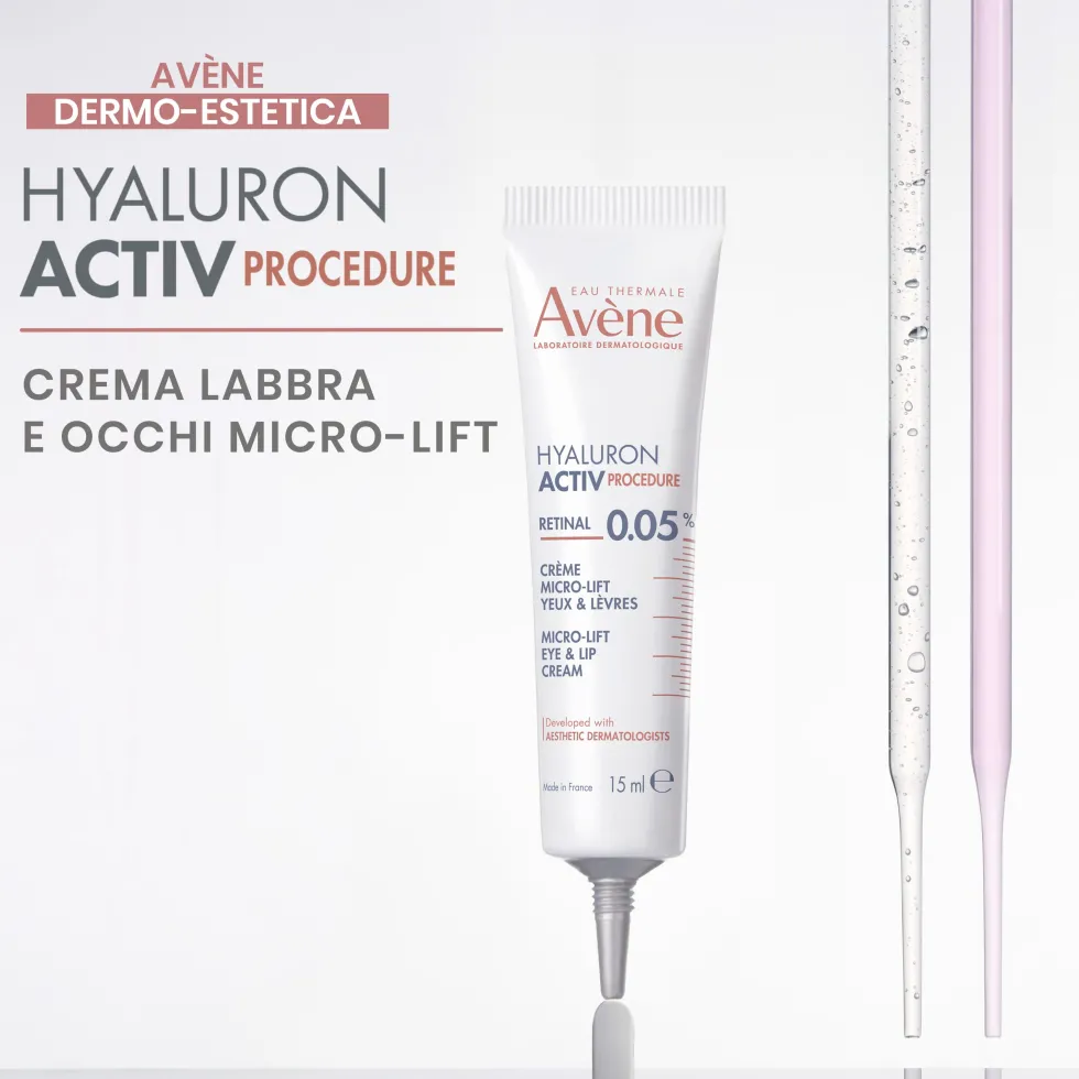 Eau Thermale Avène Hyaluron Activ Procedure Micro-Lift Crema Labbra & Occhi Effetto Lifting Occhi Corregge Rughe e Rughe Profonde con Retinal Niacinamide Acido Ialuronico, 15ml