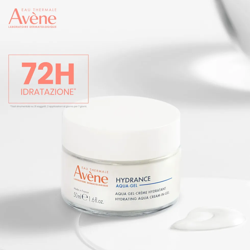Eau Thermale Avène Hydrance Aqua Gel-Crema Idratante Pelle Disidratata Acido Ialuronico e Aloe Vera Trattamento 4in1, 50ml