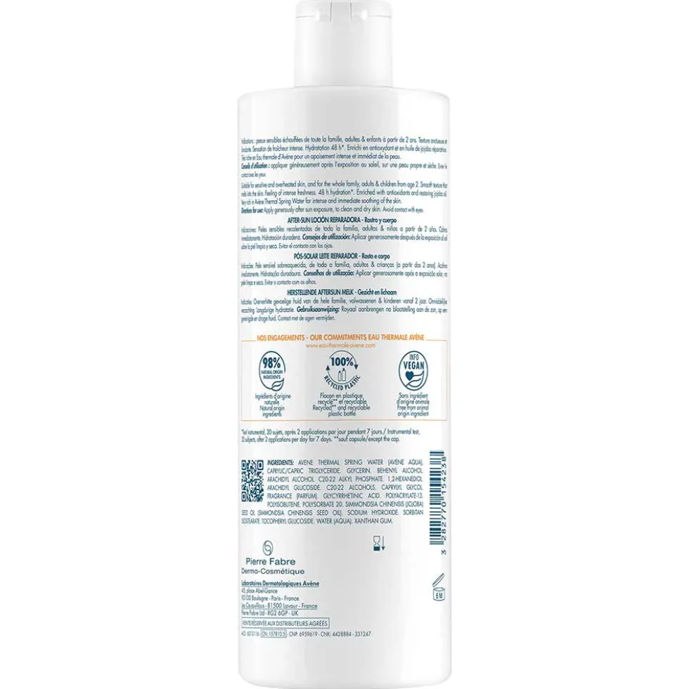 Eau Thermale Avène Latte Doposole Ristrutturante Viso e Corpo per Pelle Sensibile, 400ml