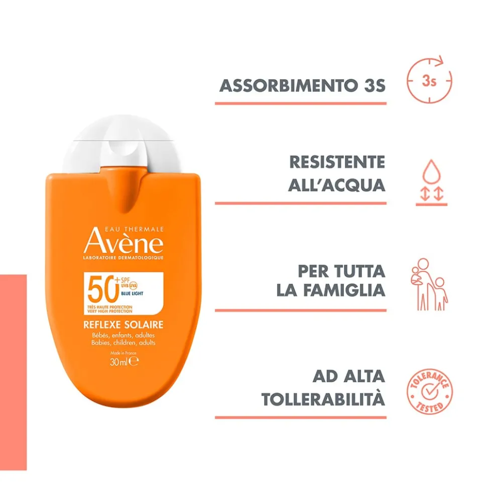 Eau Thermale Avène Reflexe Solaire 50+ Solare Viso e Corpo SPF50+ per Pelle Sensibile, 30ml