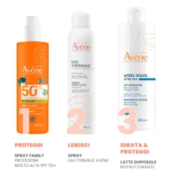 Eau Thermale Avène Spray Famiglia Protezione Molto Alta SPF50+ Solare per Pelle Sensibile, 400ml