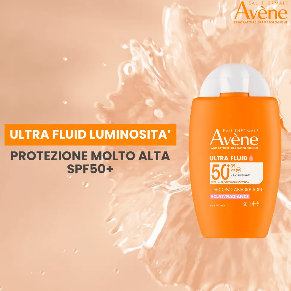 Eau Thermale Avène Ultra Fluid Luminositè Protezione Molto Alta SPF50+ Solare per Pelle Sensibile, 50ml