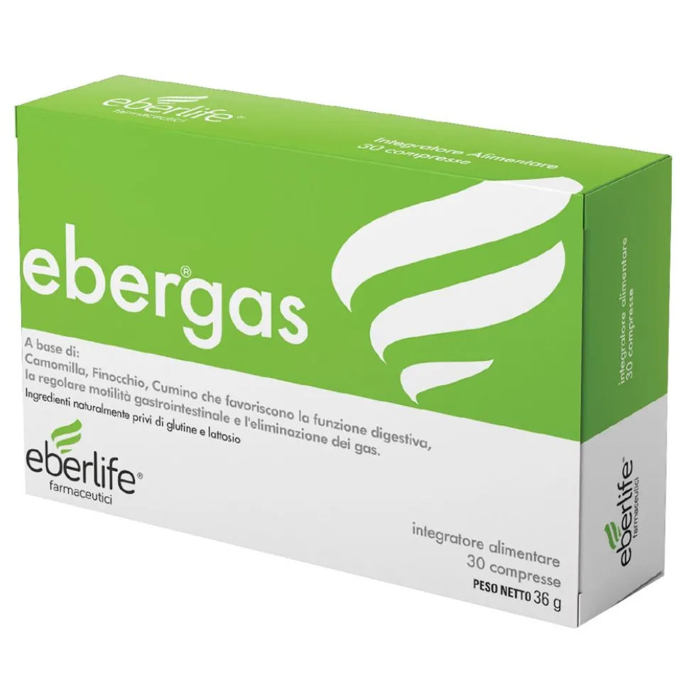 Eberlife Farmaceutici Ebergas - Integratore per il meteorismo e i gas intestinali, 30 compresse