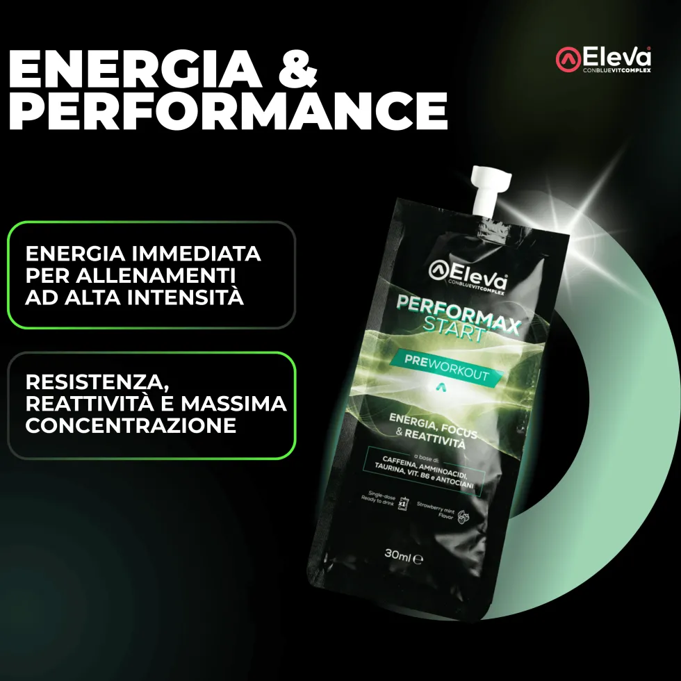Eleva Performax Start - Integratore pre-allenamento per energia e resistenza, 12 shot da 30 ml