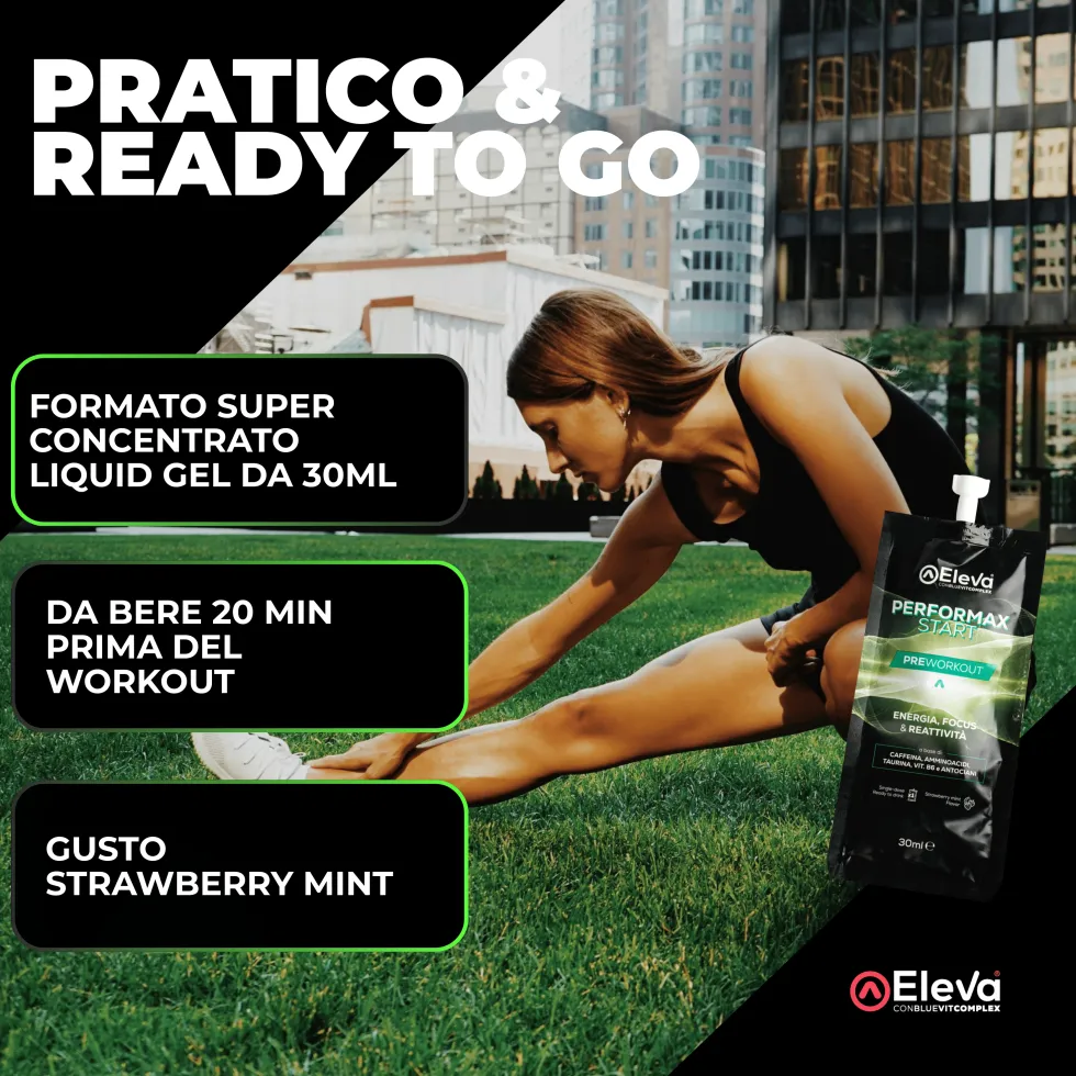 Eleva Performax Start - Integratore pre-allenamento per energia e resistenza, 12 shot da 30 ml