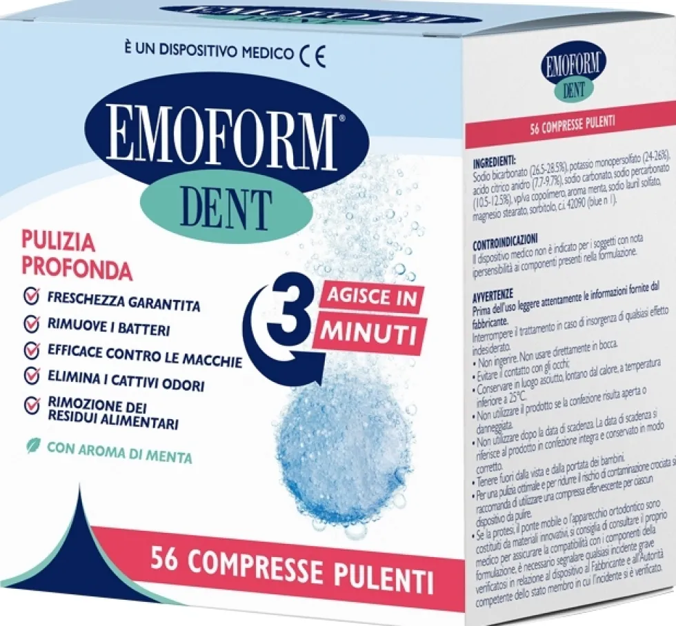Emoform Dent - Dispositivo pulizia protesi dentali Polifarma per l'igiene quotidiana, 56 compresse