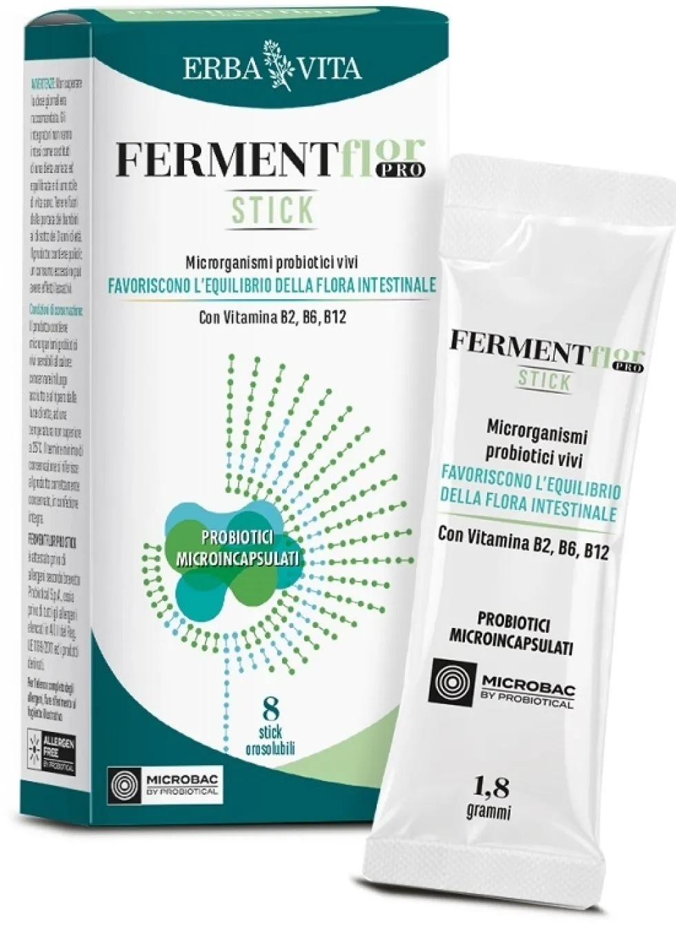 Erba Vita FermentFlor PRO - Stick Integratore con Microrganismi Probiotici Vivi per il Benessere Intestinale, 8 Stick Orosolubili