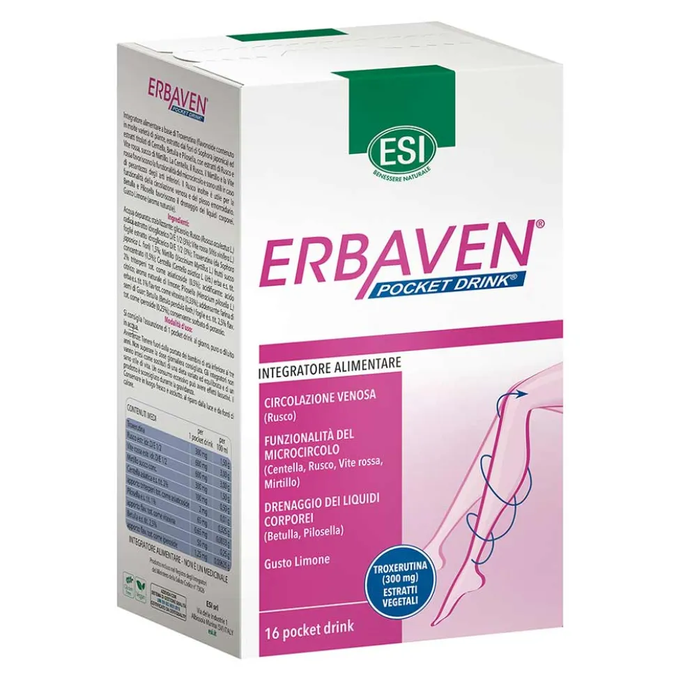 ESI Erbaven - Integratore liquido drenante per le gambe gonfie e pesanti, 16 stick