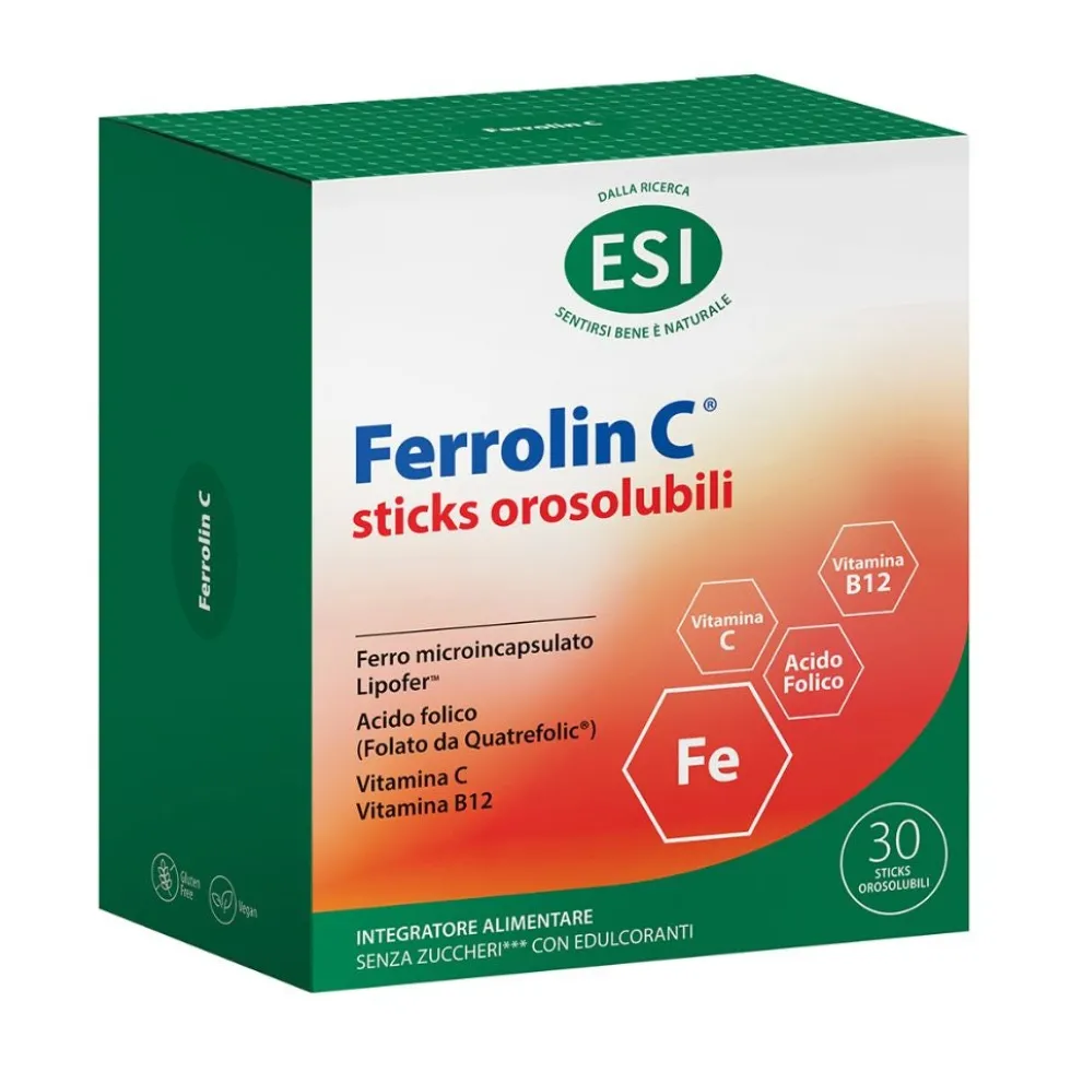 Esi Ferrolin C - Integratore di ferro e vitamina C per l'affaticamento, 30 stick orosolubili