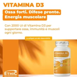 EthicSport Vitamina D3 2000 UI Integratore Ossa Muscoli e Difese Immunitarie, 60 Softgels