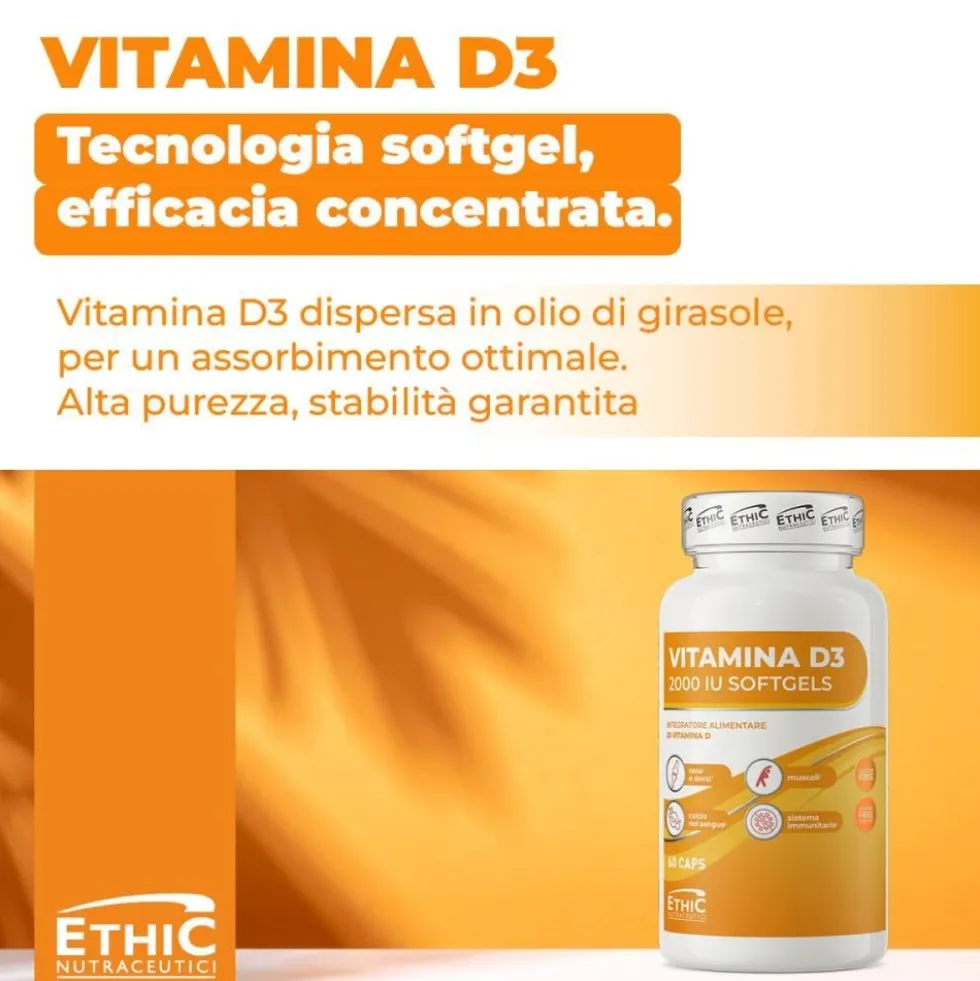 EthicSport Vitamina D3 2000 UI Integratore Ossa Muscoli e Difese Immunitarie, 60 Softgels
