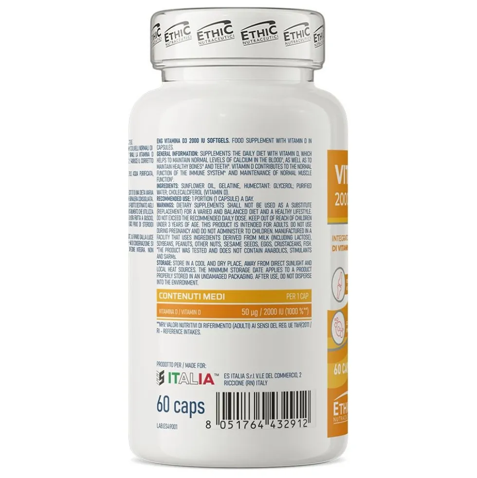 EthicSport Vitamina D3 2000 UI Integratore Ossa Muscoli e Difese Immunitarie, 60 Softgels