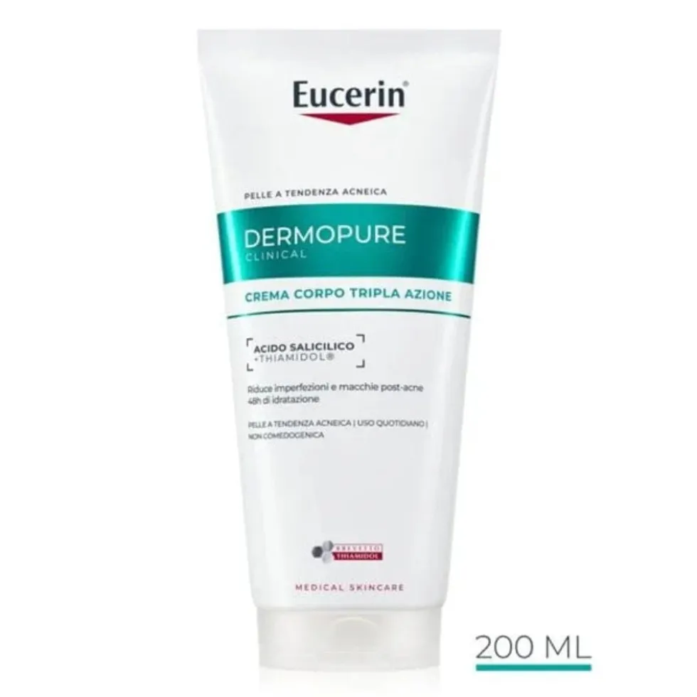 Eucerin Dermopure Clinical - Crema Corpo Tripla Azione per Pelle Grassa a Tendenza Acneica Sensibile, 200ml