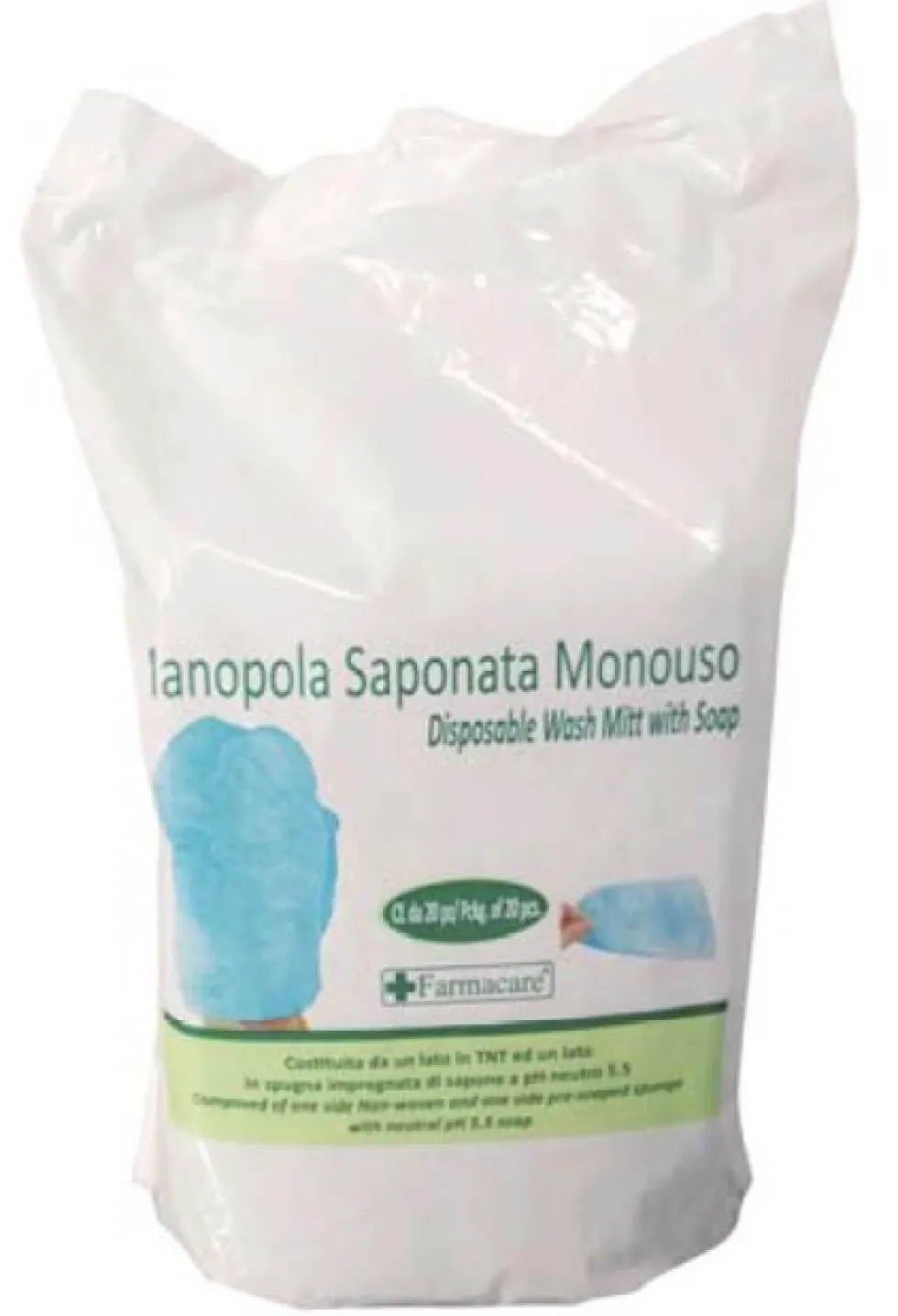 Farmacare Manopola saponata - Manopola monouso per la detersione senza risciacquo, 20 pezzi