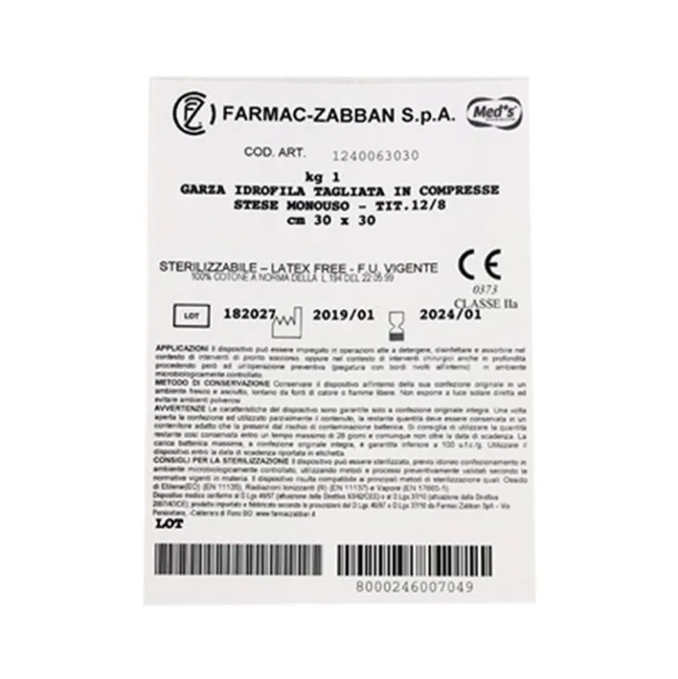 Farmac-zabban Garza Compressa Idrofila 12/8 30 x 30cm, 1kg