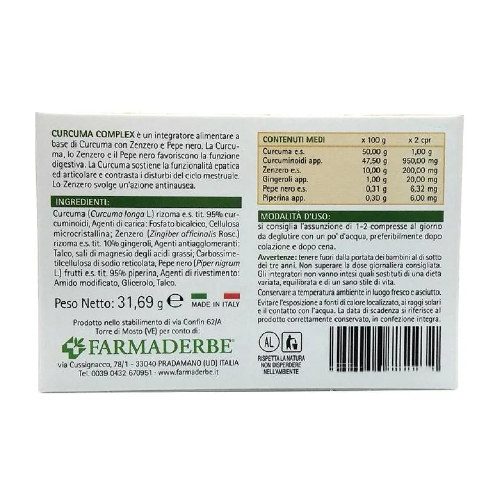 Farmaderbe Curcuma Complex - Integratore per la funzionalità epatica e articolare, 30 compresse