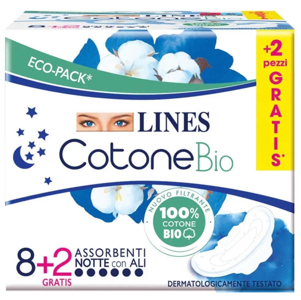Fater Lines Cotone Bio Ultra Notte - Assorbenti notte con ali in cotone biologico, 10 pezzi