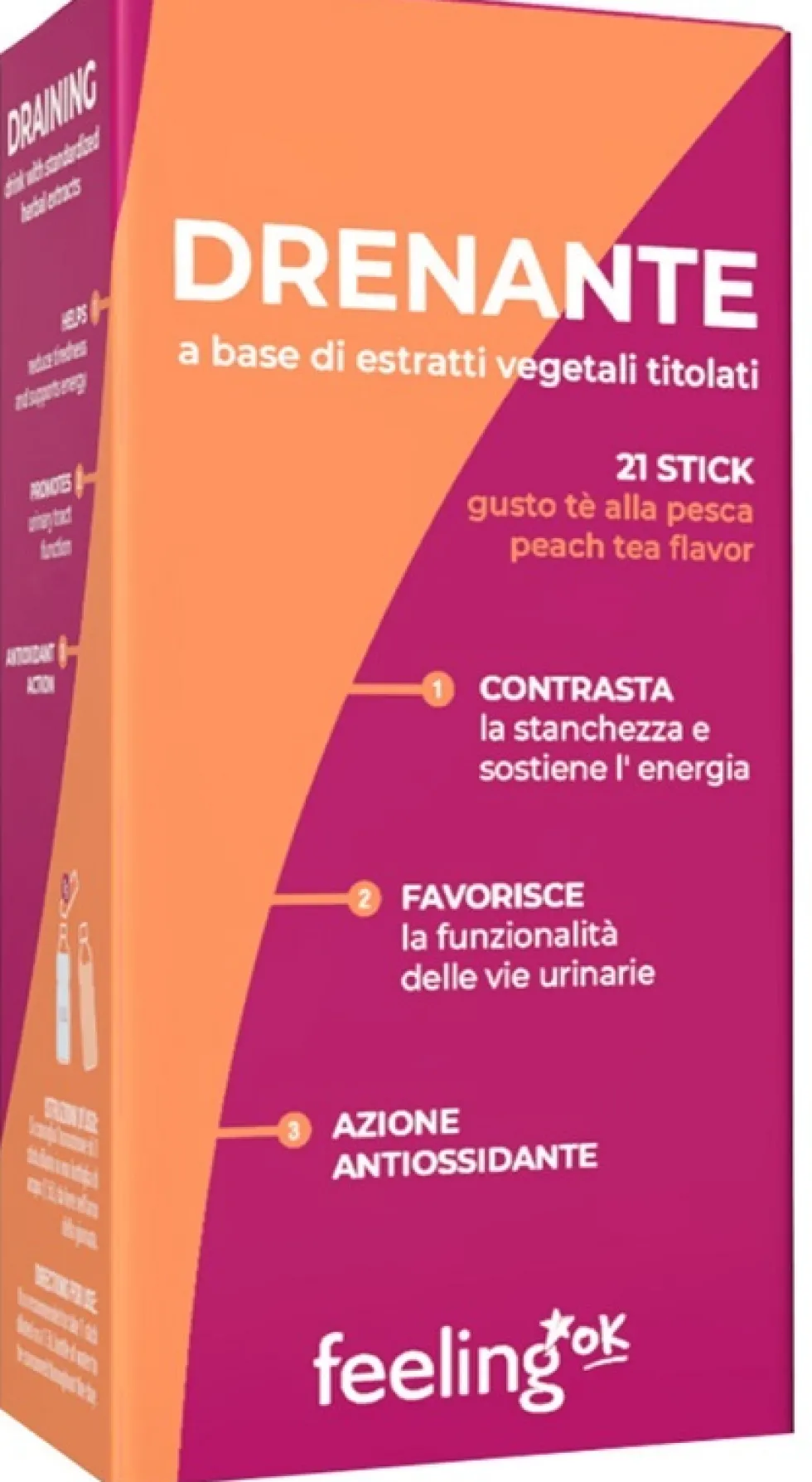 Feeling Ok Drenante Integratore per il drenaggio dei liquidi corporei gusto pesca, 21 stick