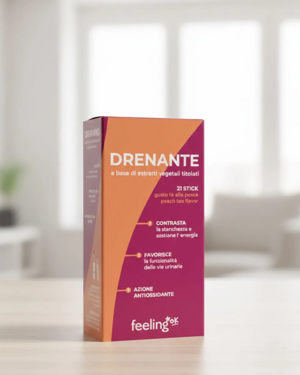 Feeling Ok Drenante Integratore per il drenaggio dei liquidi corporei gusto pesca, 21 stick