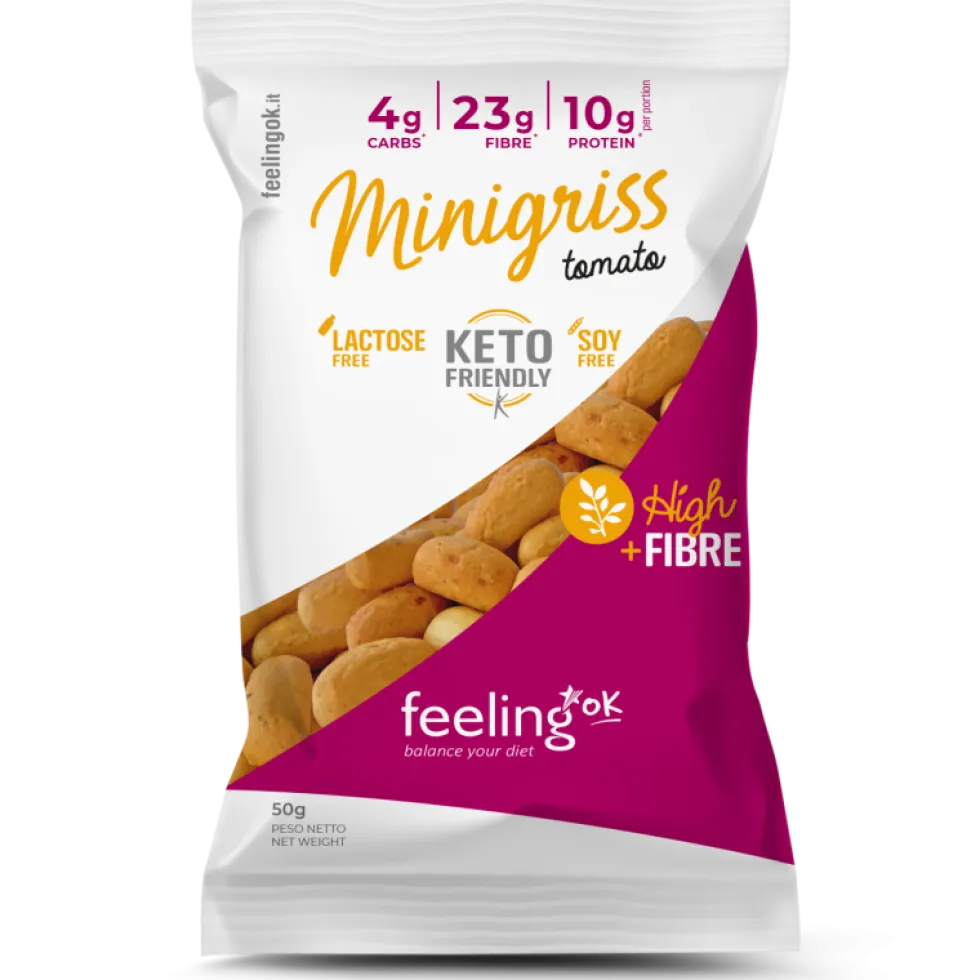 Feeling OK +Fibre Mini grissini al pomodoro Snack proteico per il controllo del peso, 50 g