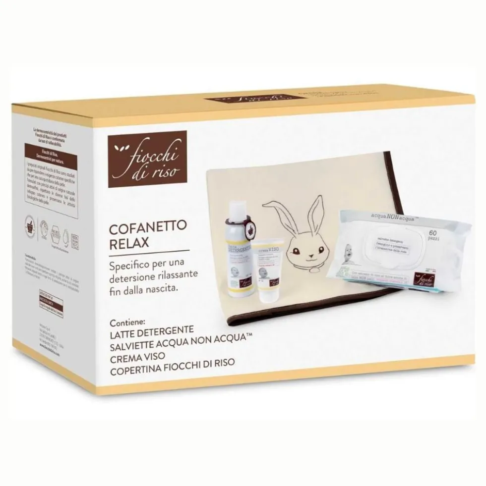 Fiocchi di Riso Cofanetto Relax - Set regalo per neonati, latte, crema, 60 salviette e copertina
