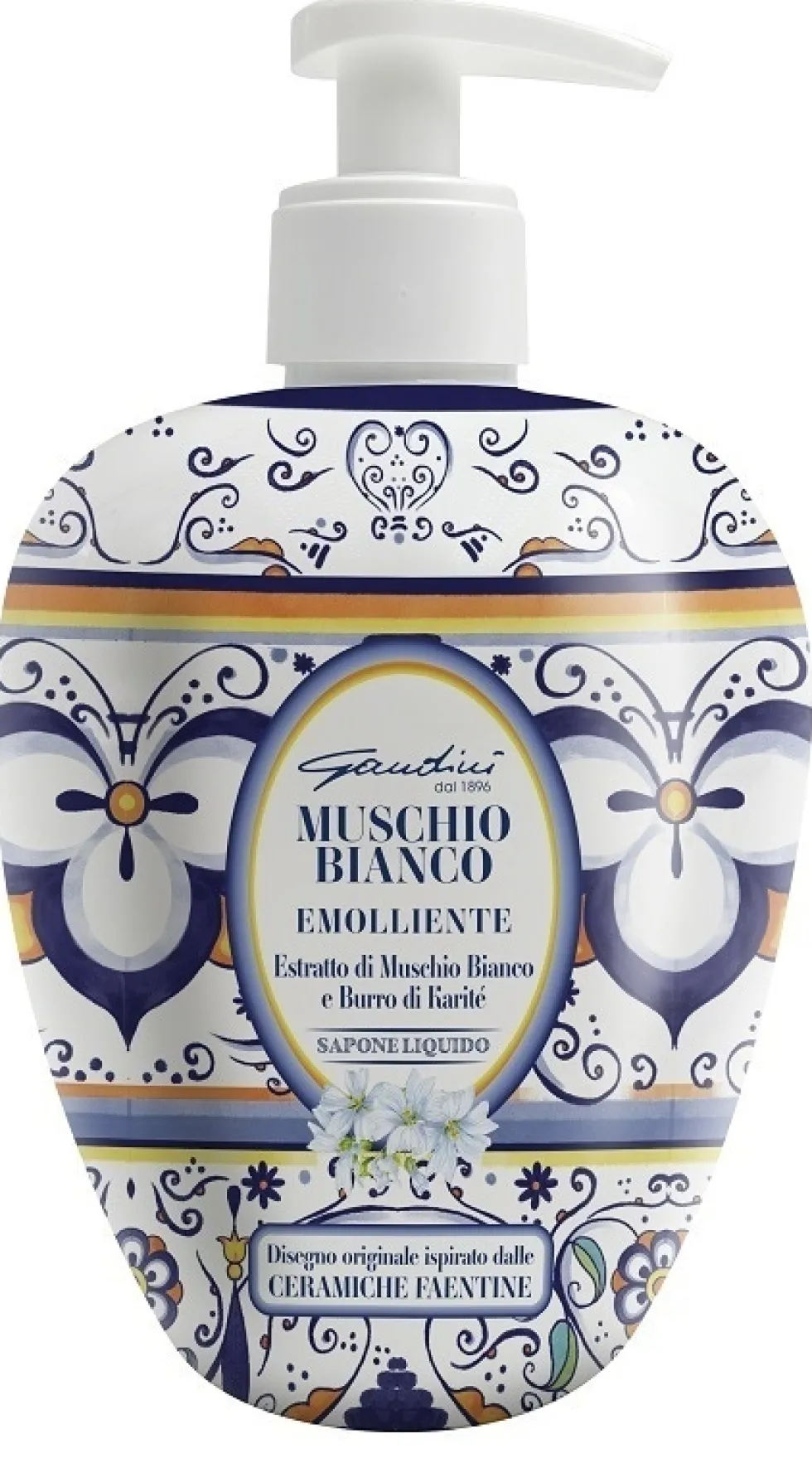 Gandini Muschio Bianco - Sapone liquido detergente ed emolliente per le mani e il corpo, 500 ml