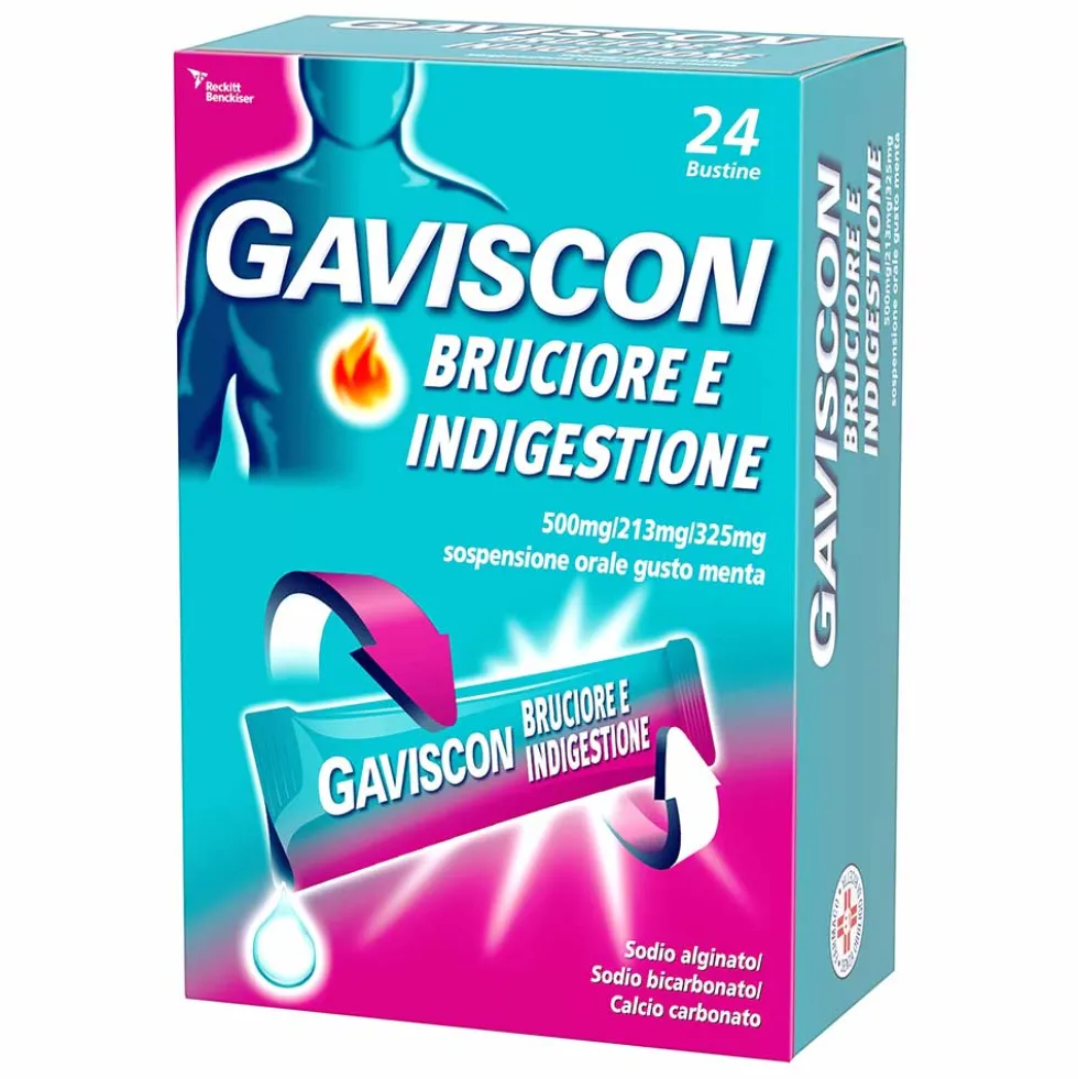 Gaviscon Bruciore e Indigestione 500mg + 213mg + 325mg Sospensione Orale Gusto Menta, 24 Bustine