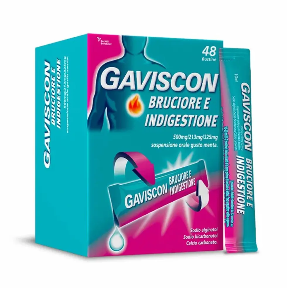 Gaviscon Bruciore e Indigestione 500mg + 213mg + 325mg Sospensione Orale Gusto Menta, 48 Bustine