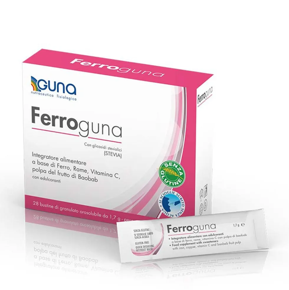 Guna Ferroguna - Integratore di ferro per la carenza e la stanchezza, 28 bustine da 1,7 g