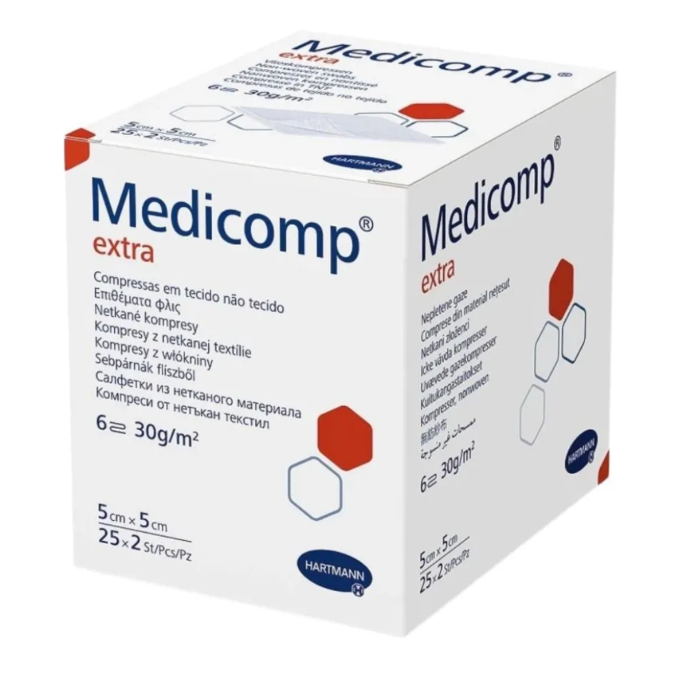 Hartmann Medicomp Extra - Compresse sterili in TNT per medicazioni, 25 buste da 2 pezzi 5x5 cm