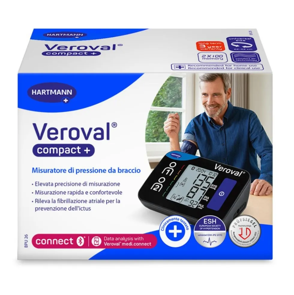 Hartmann Veroval Compact+ - Misuratore di pressione da braccio con Bluetooth, bracciale 22-42 cm