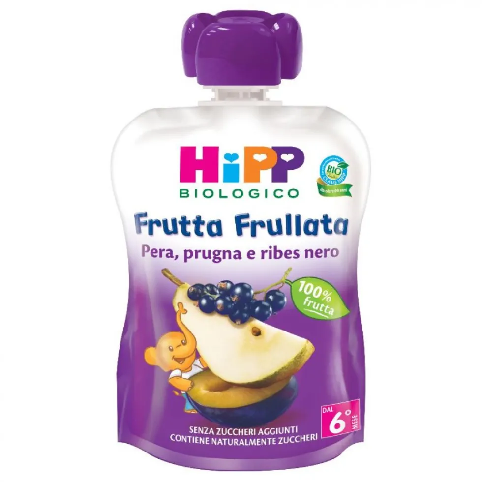 HiPP Bio frutta frullata pera prugna e ribes nero per lo svezzamento, 90 g