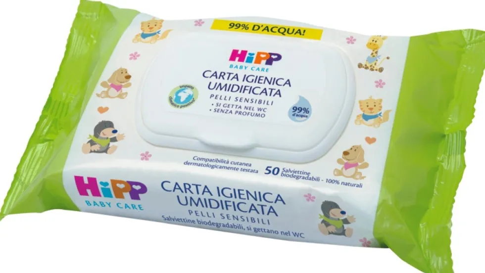 HiPP Carta igienica umidificata gettabile nel wc, 50 salviettine biodegradabili