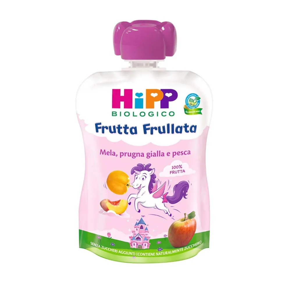 Hipp Frutta Frullata Mela Prugna Gialla e Pesca - Purea biologica per la merenda dei bambini, 90 g