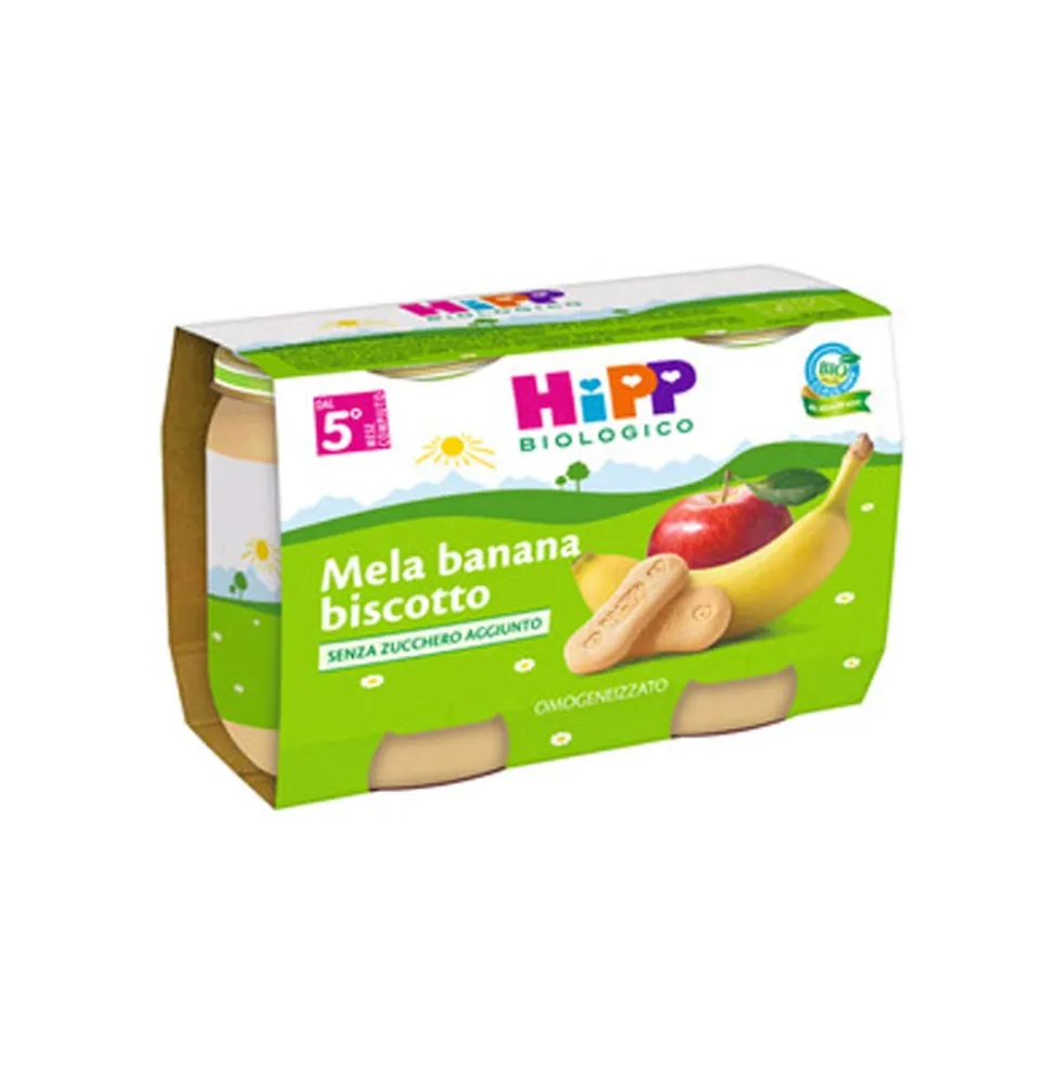 HiPP Omogeneizzato mela, banana e biscotto - Merenda biologica dal 5° mese, 2 vasetti da 125 g