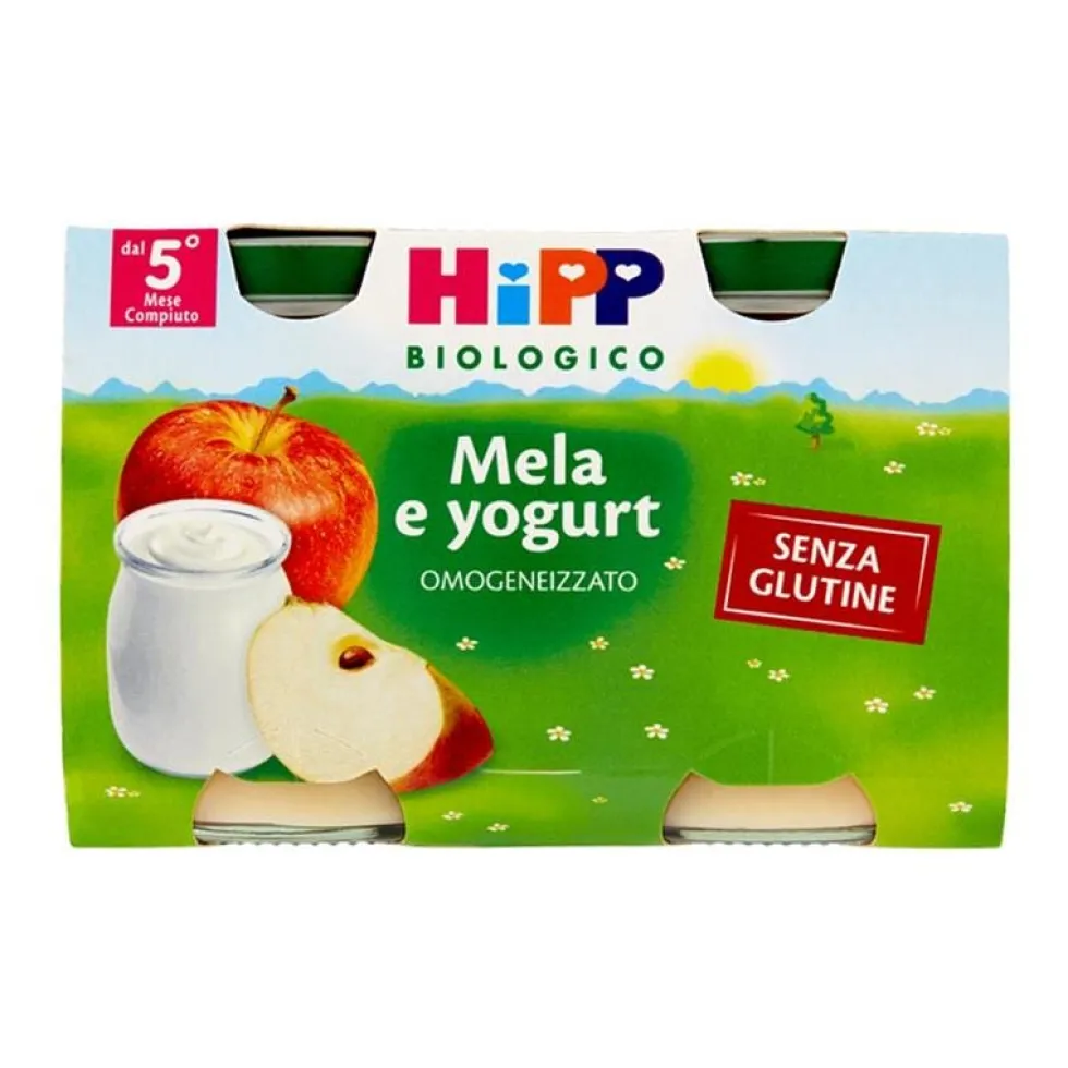 HiPP Omogeneizzato mela e yogurt Merenda biologica per lo svezzamento dal 5° mese, 2vasetti da 125 g
