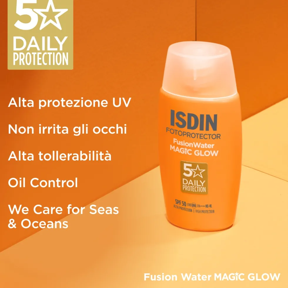 Isdin Fotoprotector Fusion Water Magic Glow SPF 50 - Fluido solare illuminante per il viso, 50 ml