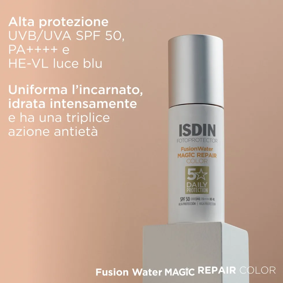 Isdin Fotoprotector Fusion Water Magic Repair Color SPF 50 - Solare colorato per il viso, 50 ml