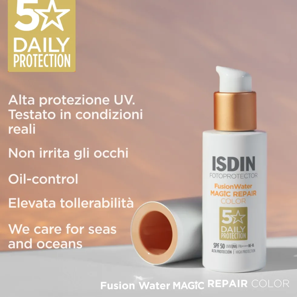 Isdin Fotoprotector Fusion Water Magic Repair Color SPF 50 - Solare colorato per il viso, 50 ml